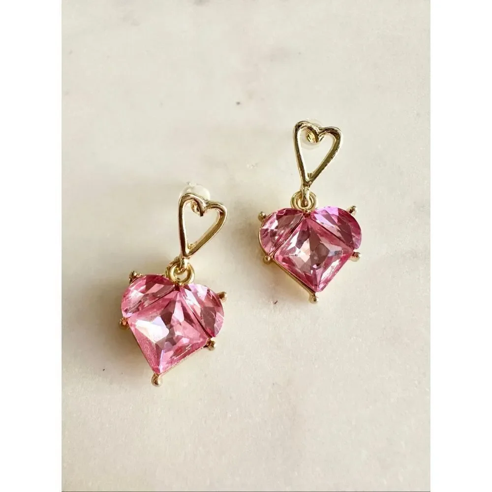 Light pink rhinestone heart shaped dangle earrings